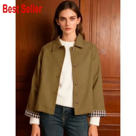 Cropped Trench Coat Oversized Chic Classic Button Down Lapel Jacket - Picture 6 of 8